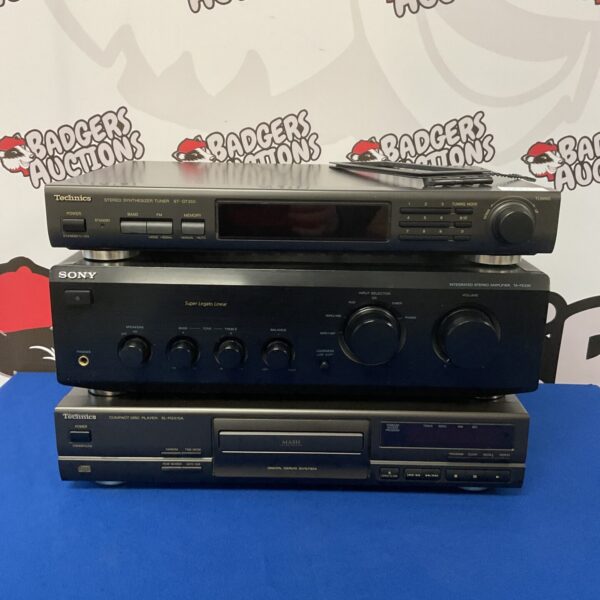 Vintage Technics and Sony stereo system components for audio enthusiasts.