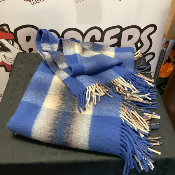 Vintage Erne travel blanket with blue and white stripes.
