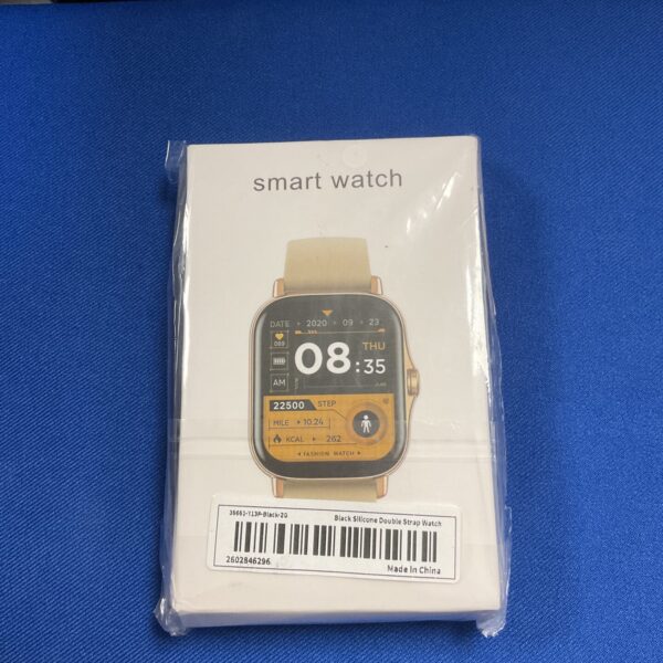 New smart watch with digital display and black silicone strap.
