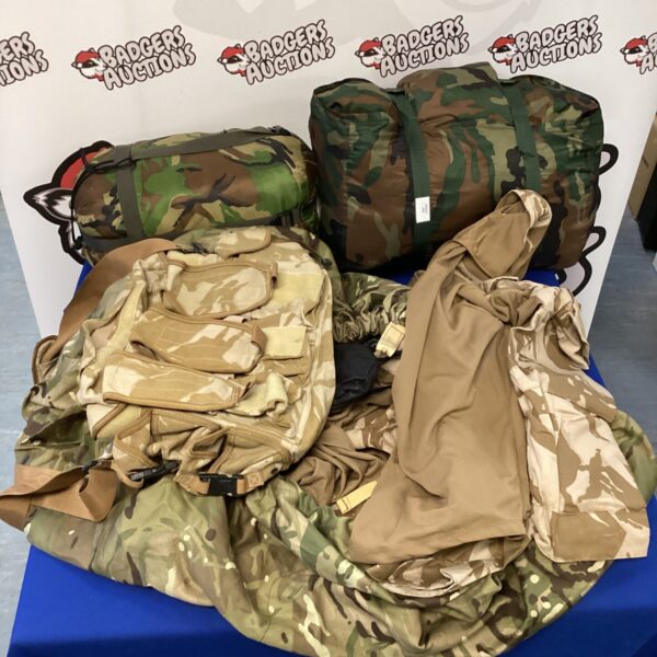 British army camouflage sleeping bags and military supplies lot.