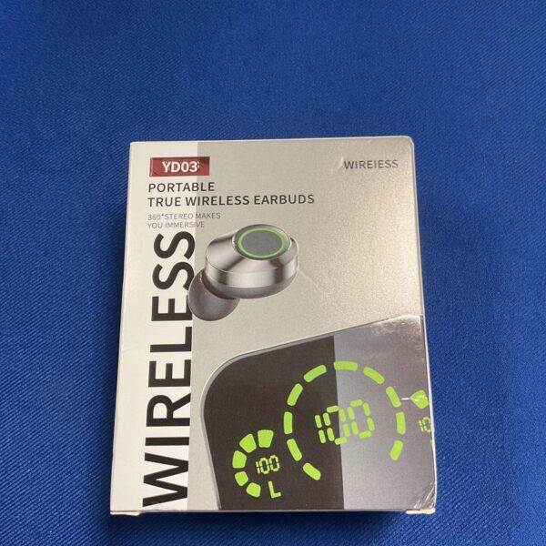 Black wireless earbuds, model YD03, for portable audio.
