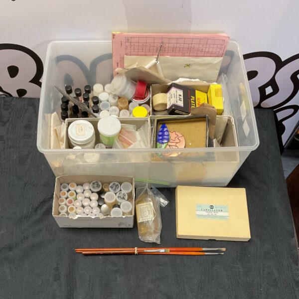 Vintage enamelling supplies lot with enamel powder and tools.