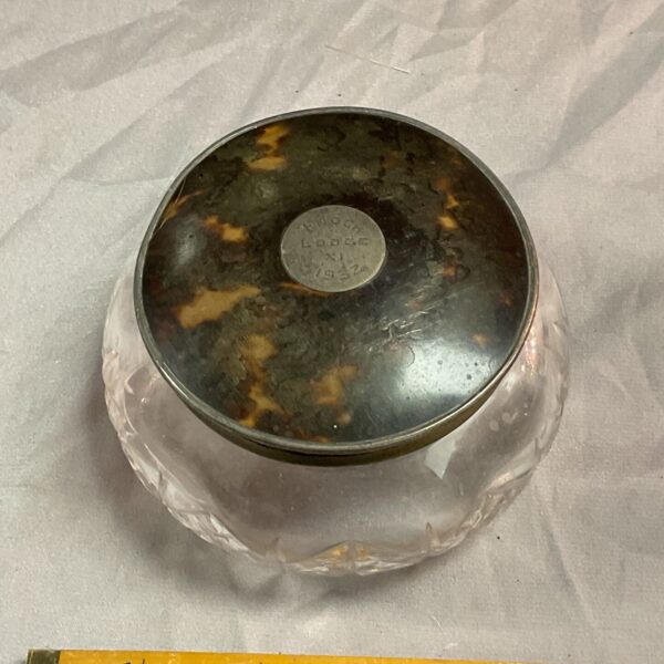 Antique Enoc Lodge Masonic pot with tortoiseshell lid and silver mount.
