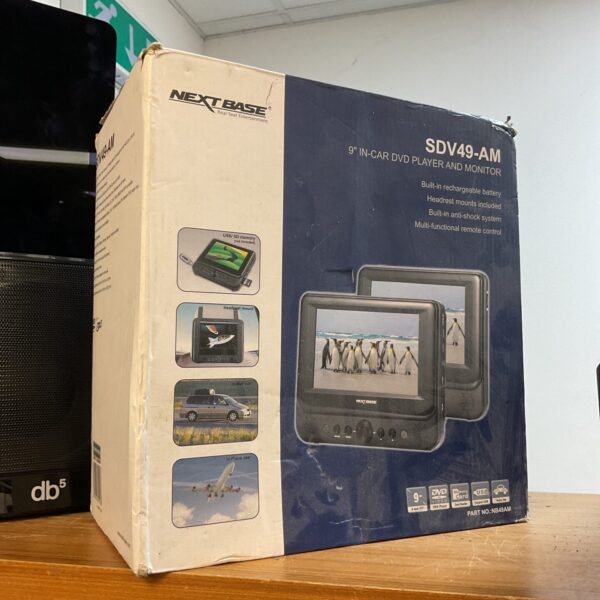 Nextbase SDV49-AM in car DVD player, portable vehicle entertainment system.