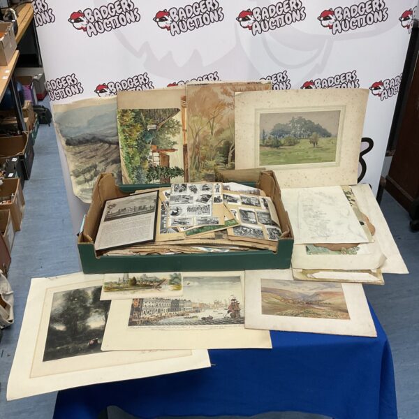 Tray of mixed artwork and ephemera, vintage paper collectibles.