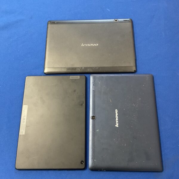 Grey Lenovo tablet computer, front view, used condition.