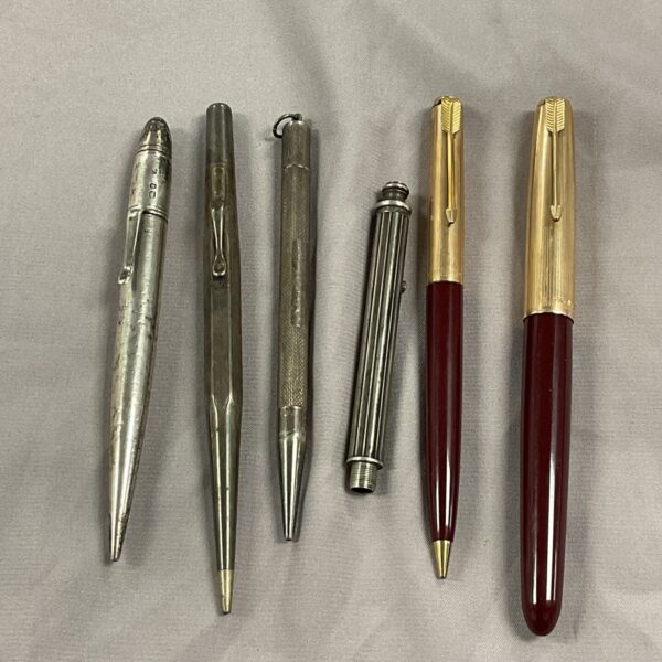 Vintage sterling silver propelling pencils and Parker pens collection.