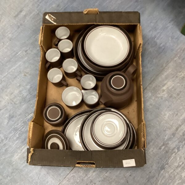 Vintage Hornsea Pottery Contrast dinner service set on display.
