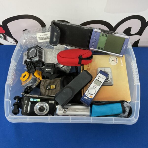 Camera lot featuring Canon Powershot and action cameras for photography.
