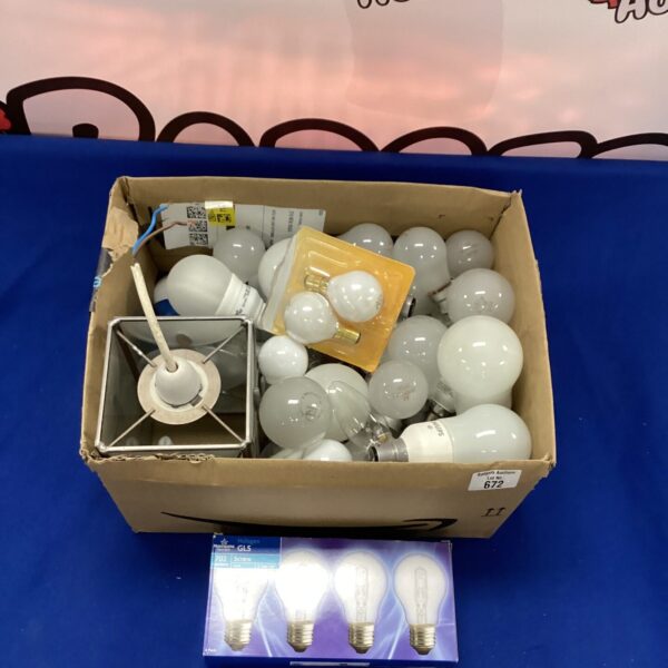Mixed lot of assorted light bulbs in a cardboard box.