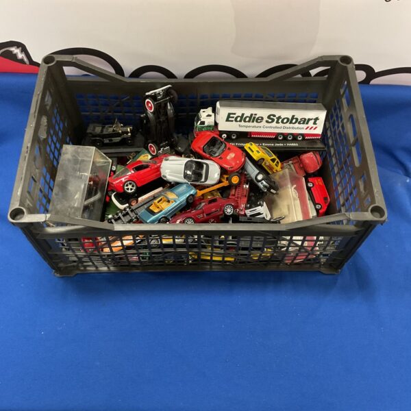 Crate of mixed diecast model vehicles including Burago and Eddie Stobart.