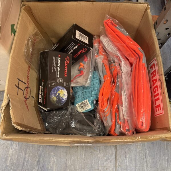 Box of assorted PPE equipment for workplace safety.