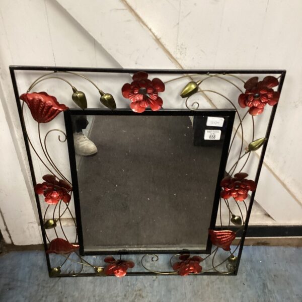 Vintage metal framed mirror with red poppy details.