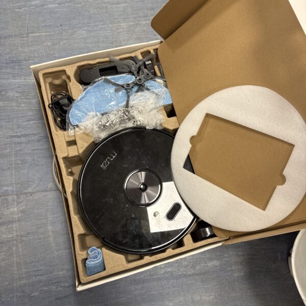 Robotic vacuum cleaner in box with charging base.