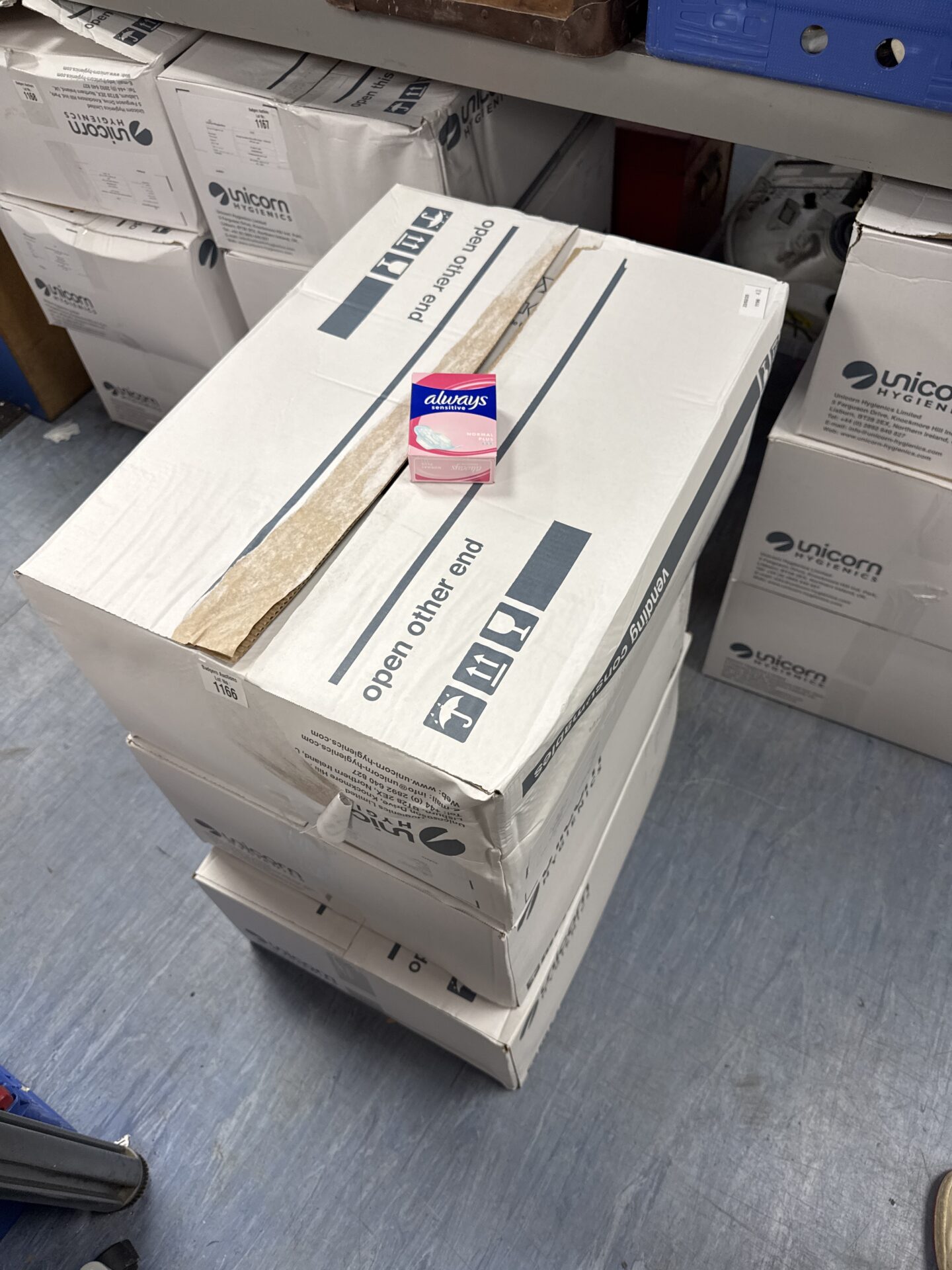 1166 Three wholesale boxes of always sensitive normal plus sanitary towels