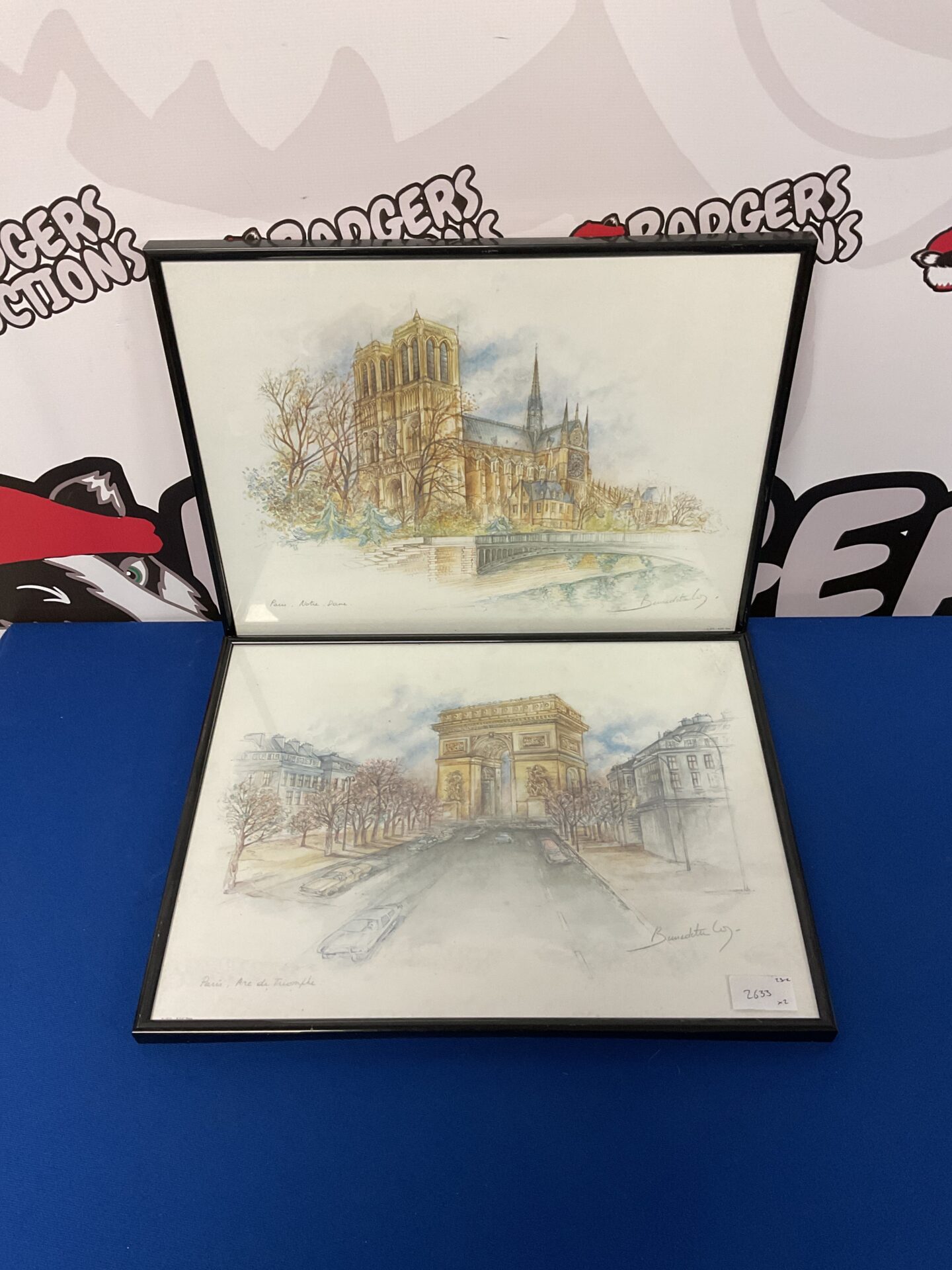 736 Pair of bernadette voz paris prints of notre dame & arc de triomphe