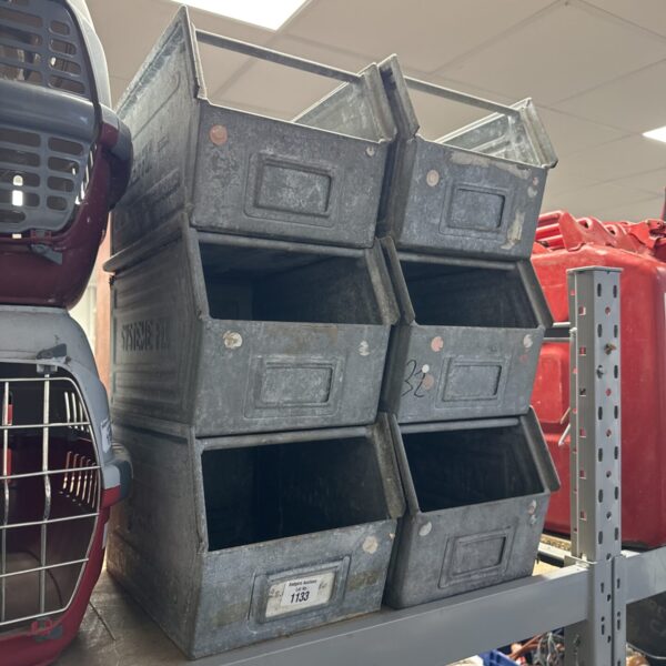 Stack of six vintage Schafer metal storage trays for workshop use.
