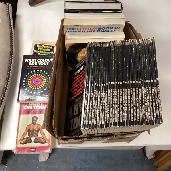 Mixed book lot including vintage paperbacks and history books.