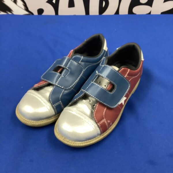 Silver and blue size 7 bowling shoes for retro style.