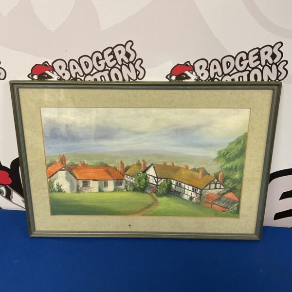 Original pastel painting of a cottage landscape with rolling hills.