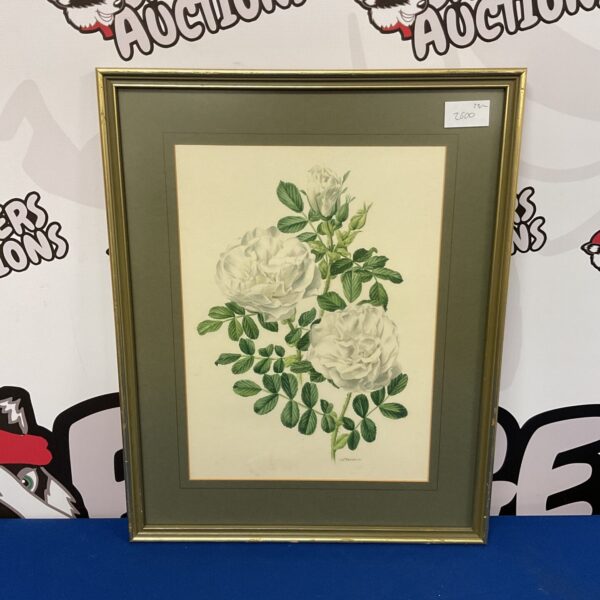 Vintage watercolour painting of delicate white roses in a still life.