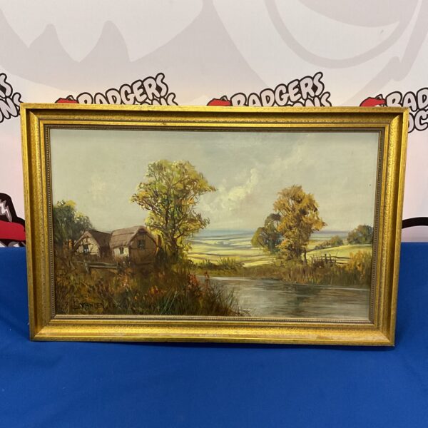 Antique Stanley Penn oil painting of a cottage by a stream.
