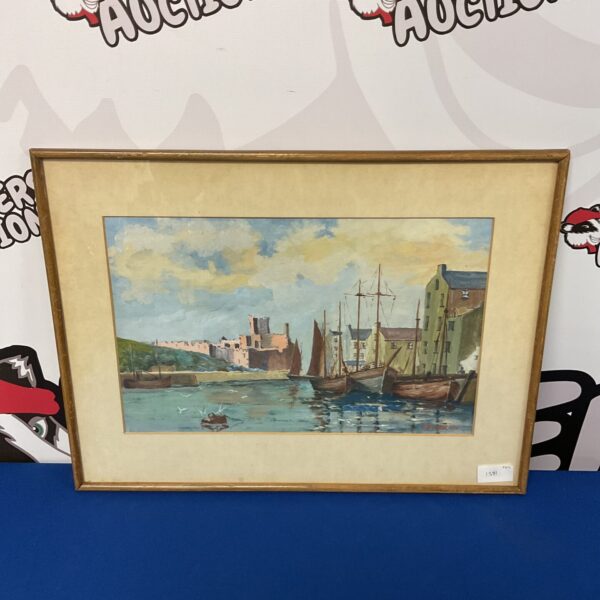 Oil painting of Isle of Man harbour with fishing boats and castle.