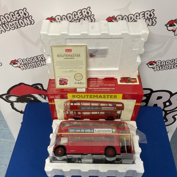 Red Lucozade Routemaster bus diecast model, 1:24 scale.