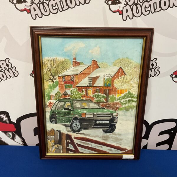 Lionel Humphries watercolour painting of a Land Rover in front of a pub.