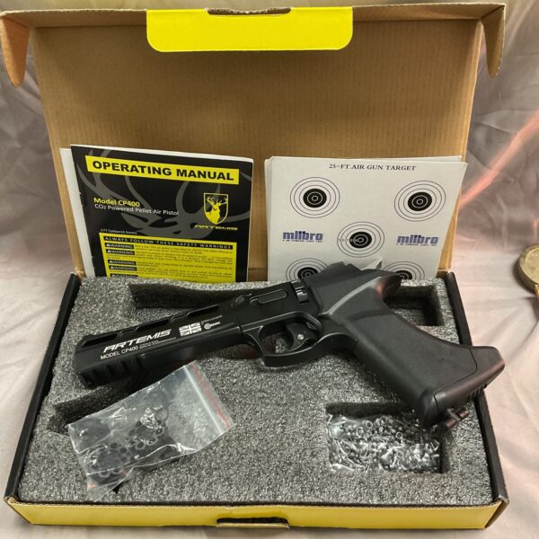 Artemis CP400 air pistol in box with magazines, gas, and pellets.