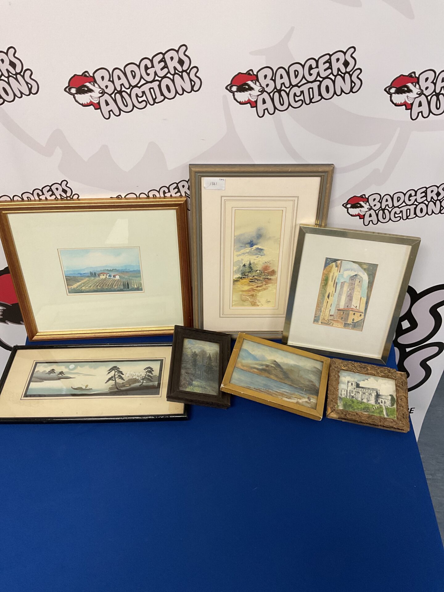 781 Seven original artworks including swiss mountain scene
