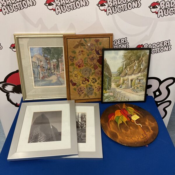 Vintage framed prints and tapestry lot for antique home decor.