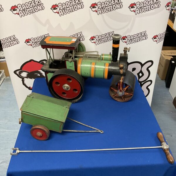 Large vintage scratch built Pelton steam engine with trailer.