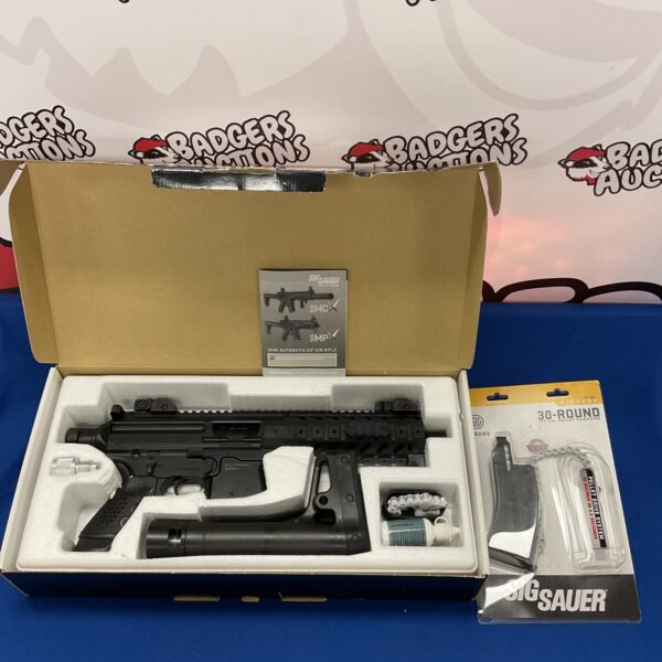 Sig Sauer MPX air rifle with 30-round magazine, detailed view.