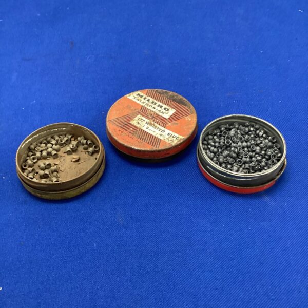 Vintage tin of .177 air rifle pellets by Milbro, collectible shooting sports item.