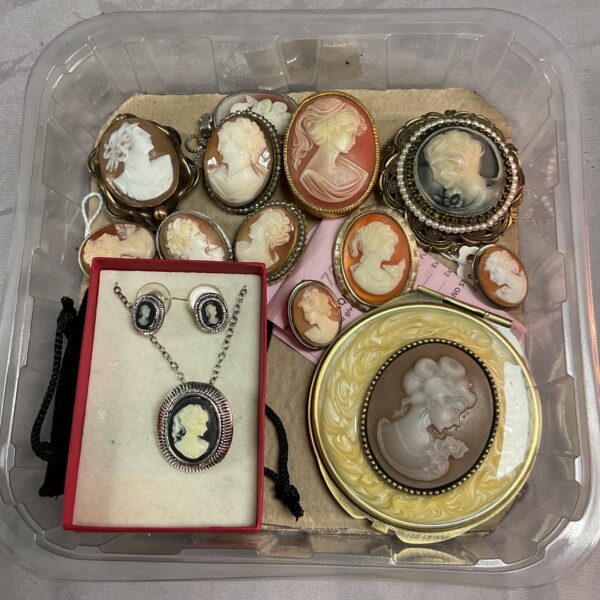Antique cameo brooches and pendants lot displayed on a tray.