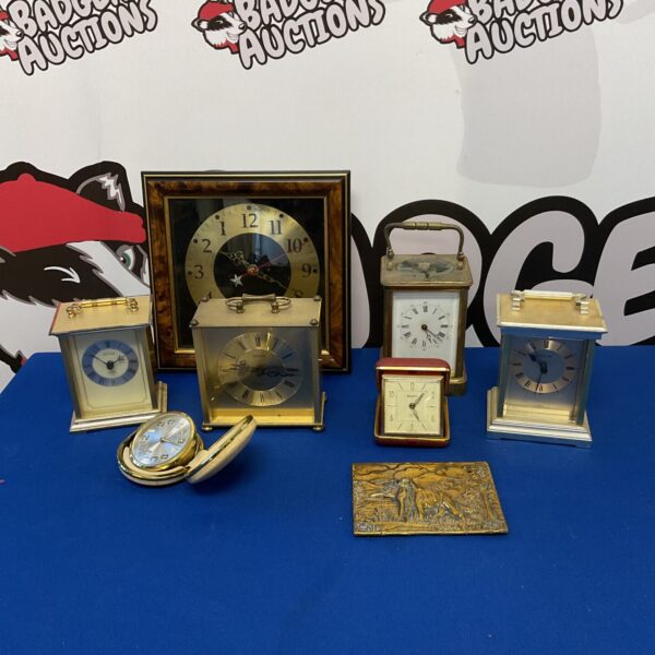 Collection of antique brass carriage clocks, including Estyma and Lincoln.