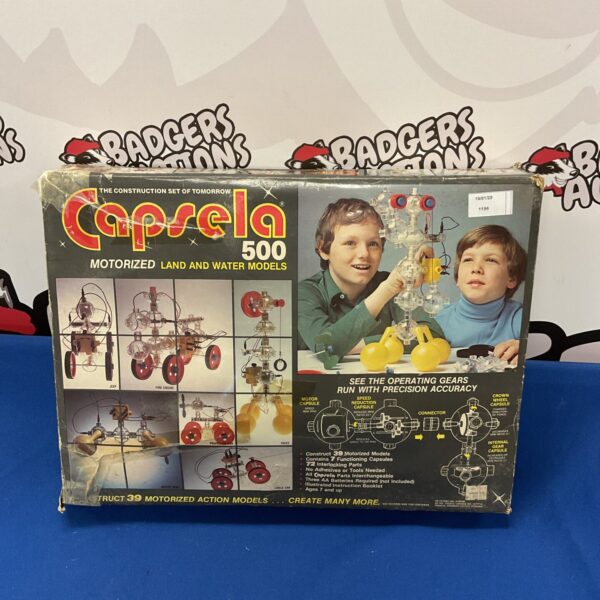 Vintage Capsela 500 motorized construction set box, colourful packaging.