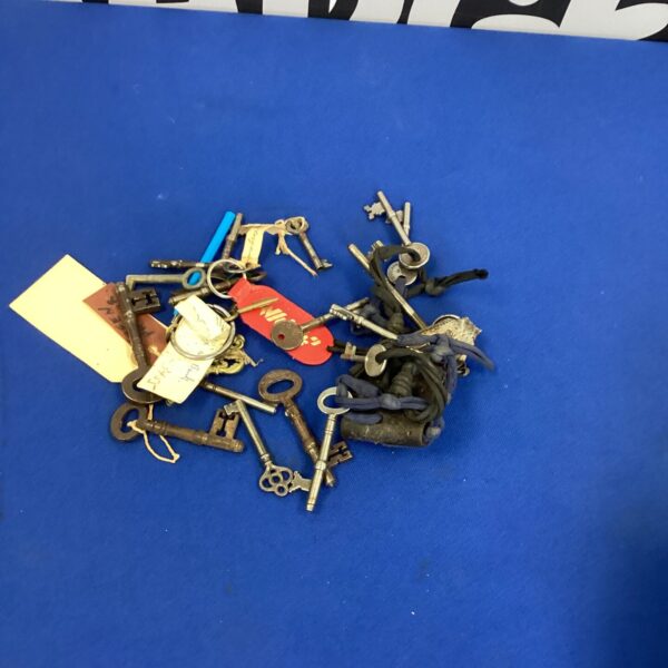 Close-up of a vintage keys lot with brass and skeleton keys.