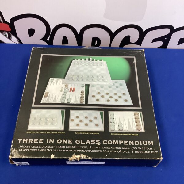 Vintage glass three-in-one compendium set with chess, draughts, and backgammon.