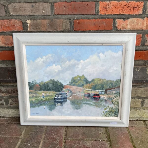 Original Yvonne Slade oil painting of a peaceful canal boat scene.