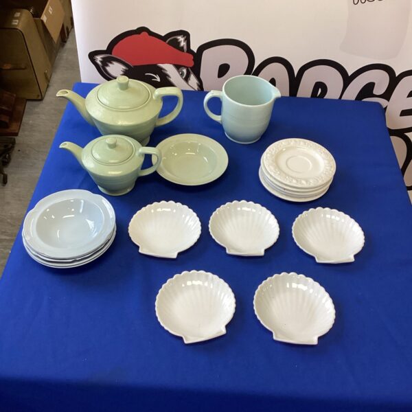 Vintage Wood Ware pottery tea set on a tray.