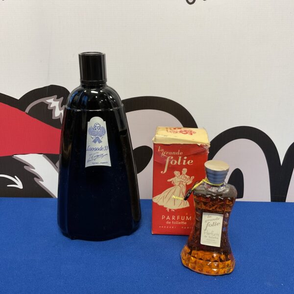 Vintage French perfume bottles La Grande Folie and Lavande 33 for collectors.