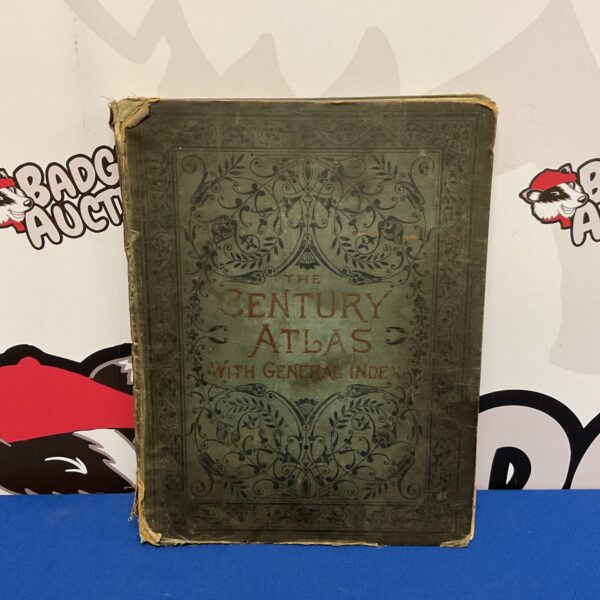 Antique 1899 Century Atlas cover with decorative details.