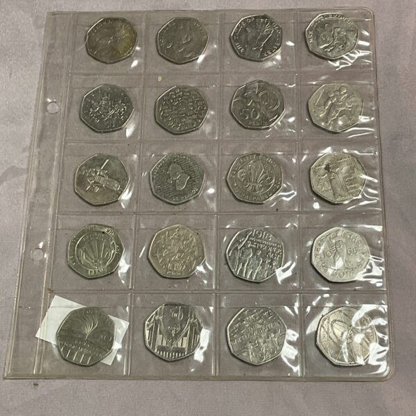Collection of UK 50p coins including Bunnykins designs.