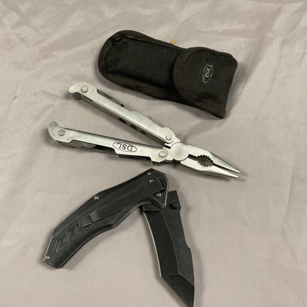 D2 pocket knife and DSL multitool set with sheath.