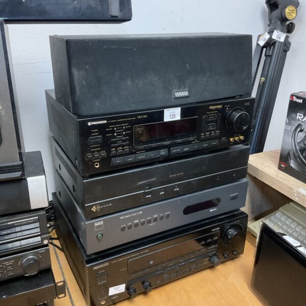 Vintage Pioneer VSX-400 receiver in a stack of audio equipment.