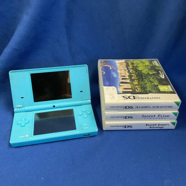 Nintendo DSi console with games, handheld gaming system.