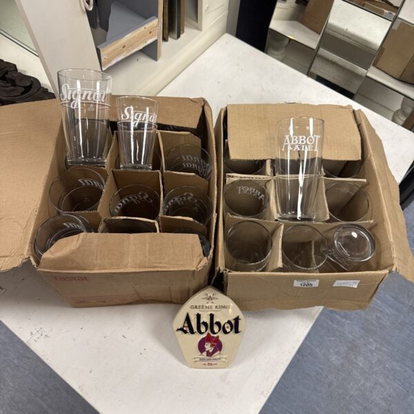 Lot of vintage Abbot Ale and Signal pint glasses with pump sign.