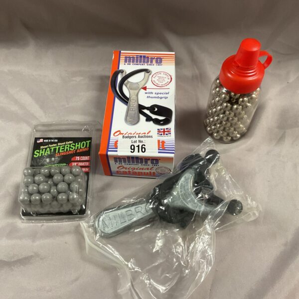 Vintage Milbro catapult set with shatter shot and steel shot ammunition.